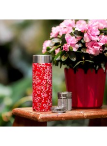 Insulated Stainless Steel Teamug, Red Flowers, 400ml