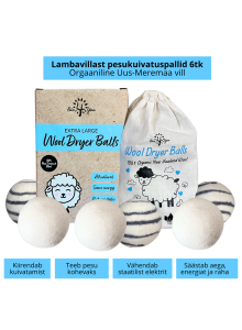 Lambavillast pesukuivatuspallid, ekstra suured, 6tk