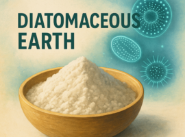 Illustratiivne pastelne pilt ränivetika pulbrist, diatoomidest ja botaanilistest taimeelementidest puidust kausi kõrval.