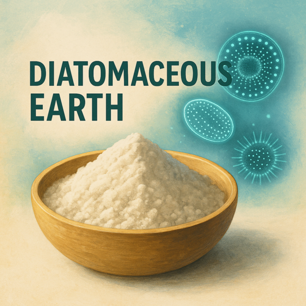 Illustratiivne pastelne pilt ränivetika pulbrist, diatoomidest ja botaanilistest taimeelementidest puidust kausi kõrval.