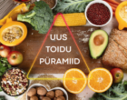 Uus toidupüramiid koos köögiviljade, puuviljade, täisteratoodete ja pähklitega