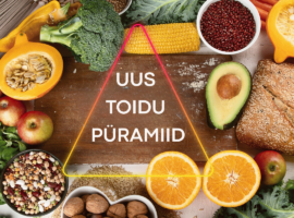 Uus toidupüramiid koos köögiviljade, puuviljade, täisteratoodete ja pähklitega