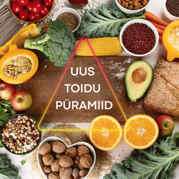 Uus toidupüramiid koos köögiviljade, puuviljade, täisteratoodete ja pähklitega