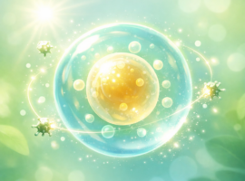 Stiliseeritud raku illustratsioon helerohelisel taustal, ümbritsetud valgusosakestest ja sümboolsetest molekulidest.