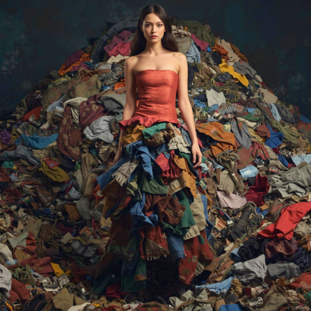 Modell seisab tekstiilijäätmete keskel