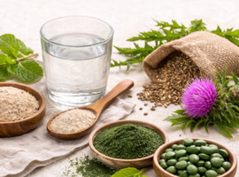 Psüllium, spirulina ja klorella pulbrid kaussides, klaas vett ja maarjaohaka seemned naturaalsel taustal.