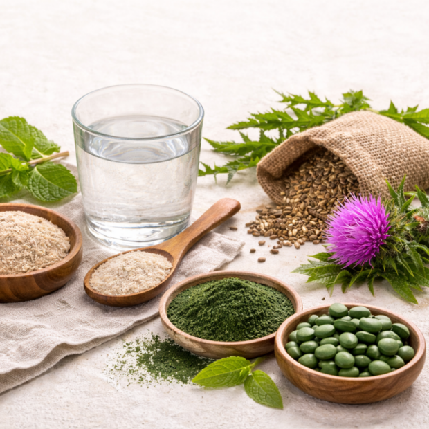 Psüllium, spirulina ja klorella pulbrid kaussides, klaas vett ja maarjaohaka seemned naturaalsel taustal.