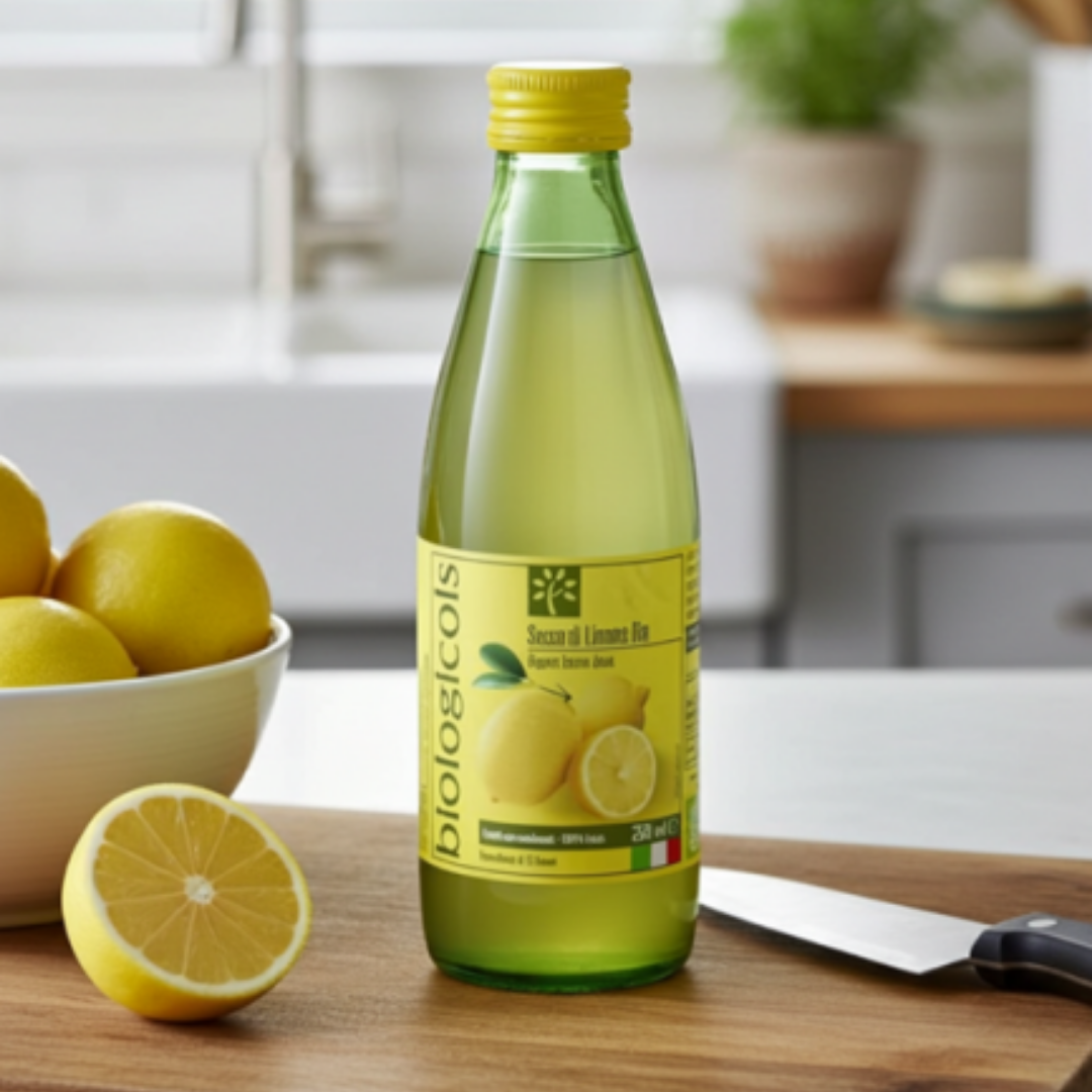 Biologicoils sidrunimahla pudel köögilaual koos värskete sidrunitega