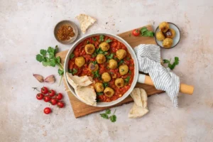 Vegan shakshuka gluteenivabade falafelitega, serveeritud rikkaliku vürtsika tomatikastme ja värske koriandriga – ideaalne taimne roog.